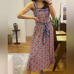 Boden Red & Blue Printed Maxi Dress with Waist Tie